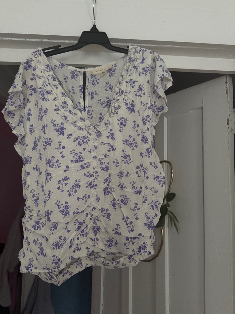 Lightweight Floral Ruffle Women's Top - White with Lavender Print